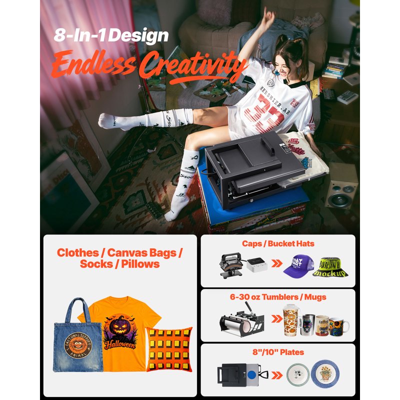 15x15 Inch Hybrid Heat Press Machine - 8-in-1 Sublimation & T-Shirt Press