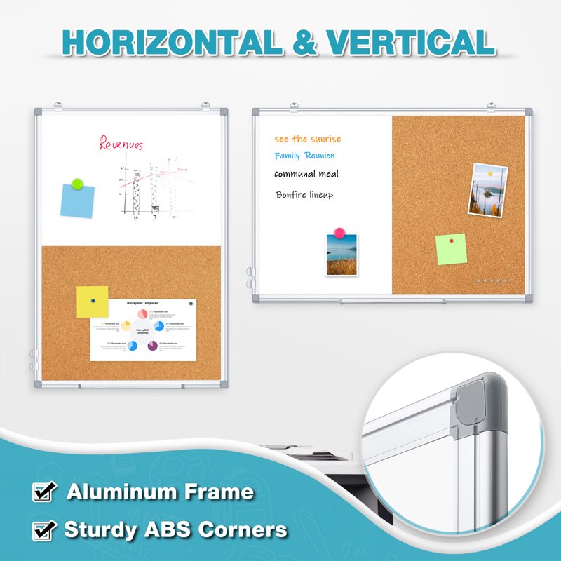 Wall-Mounted Combination Whiteboard and Cork Board 24x18 Inches - Magnetic Dry Erase Bulletin Board with Frame