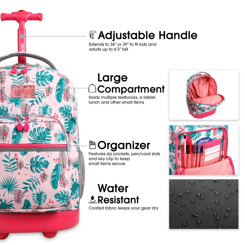 Girls 18-Inch Rolling Backpack with Wheels for School & Travel - Palm Leaves Pattern