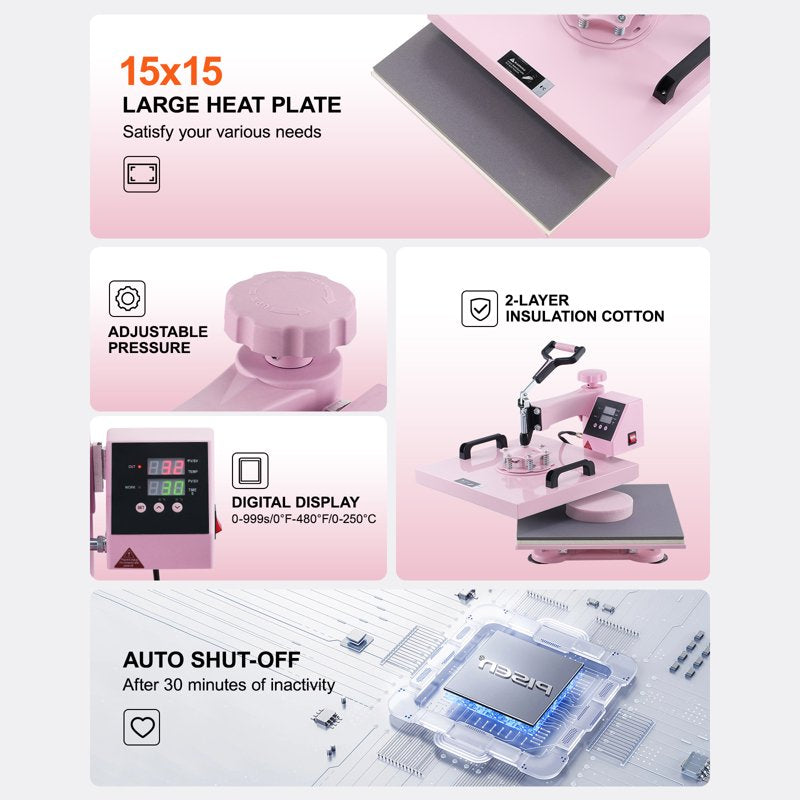 15x15 Inch Heat Press Machine with 5-in-1 Transfer Tool for T-Shirts Mugs Hats