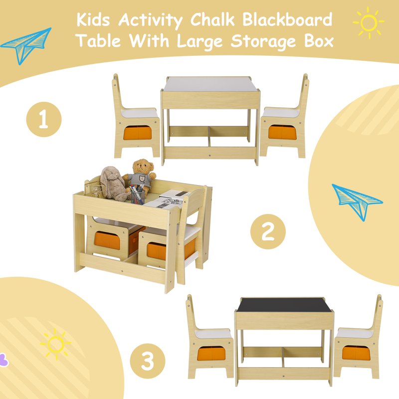 Kids Activity Table and 2 Chairs Set with Storage - Toddler Play & Study Furniture