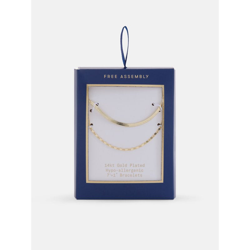 Women's Gold & Silver Layered Herringbone Bracelet Set - 14K Gold Plated, 2-Piece Jewelry