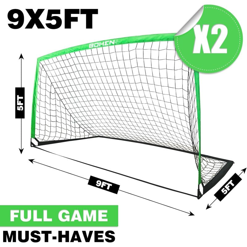 BOHEN 9x5ft Portable Soccer Goal Set - 2 Pack, Easy Fold, carrying bag, Green