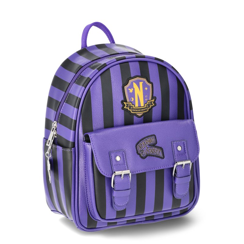 Women's Gothic Striped Mini Backpack with Wednesday Crest - Purple and Black