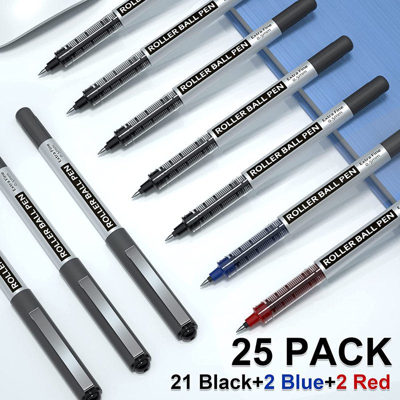 Rollerball Pens Set 25 Pack Fine Point Liquid Ink for Writing & Journaling