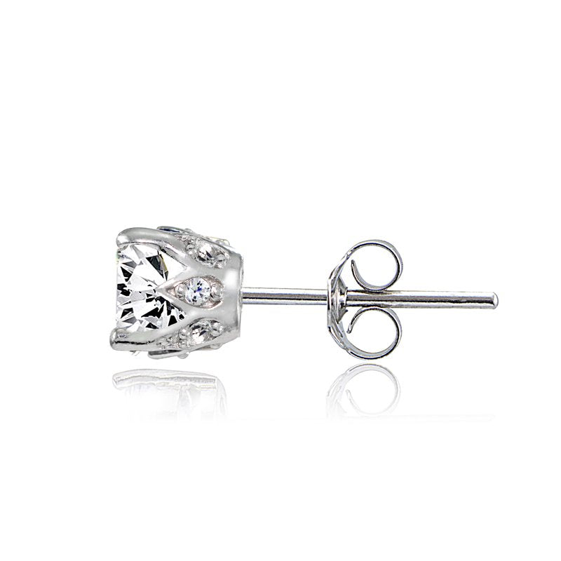 Sterling Silver Crown Stud Earrings with Created White Sapphire - Birthstone Jewelry for Women & Teens