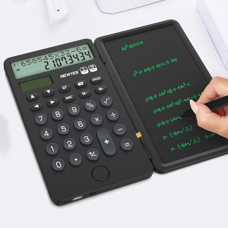 Rechargeable Portable Calculator with Notepad & 12-Digit Display - Black
