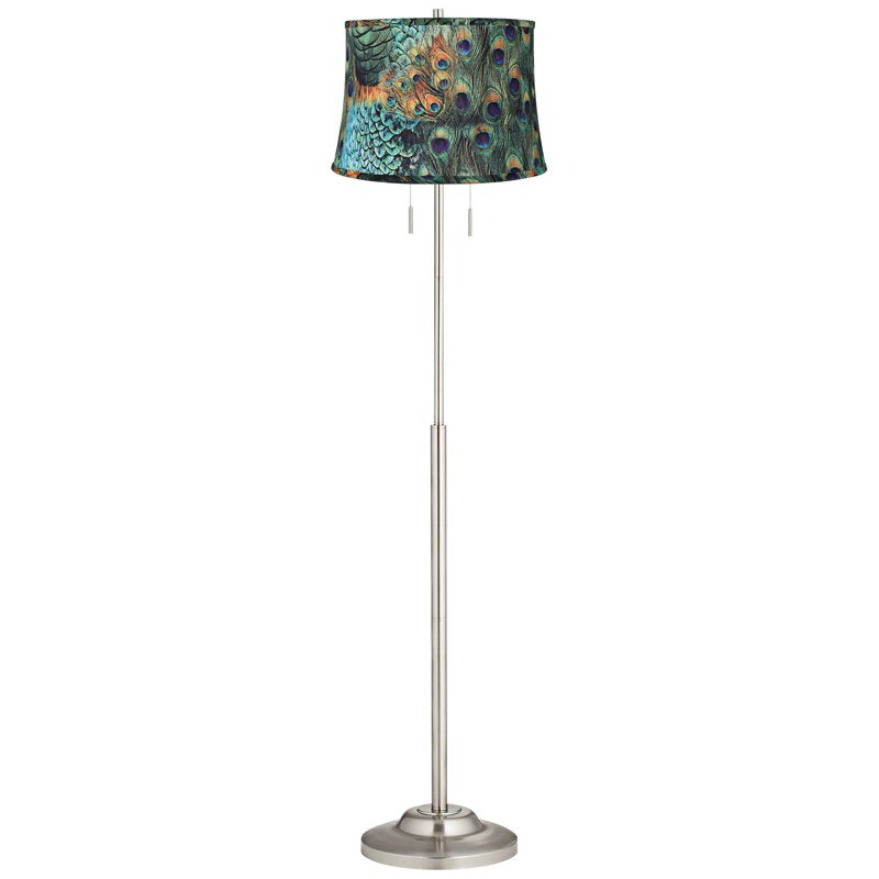 Modern Floor Lamp with Peacock Print Drum Shade - Brushed Nickel Finish, 66 Inches Tall