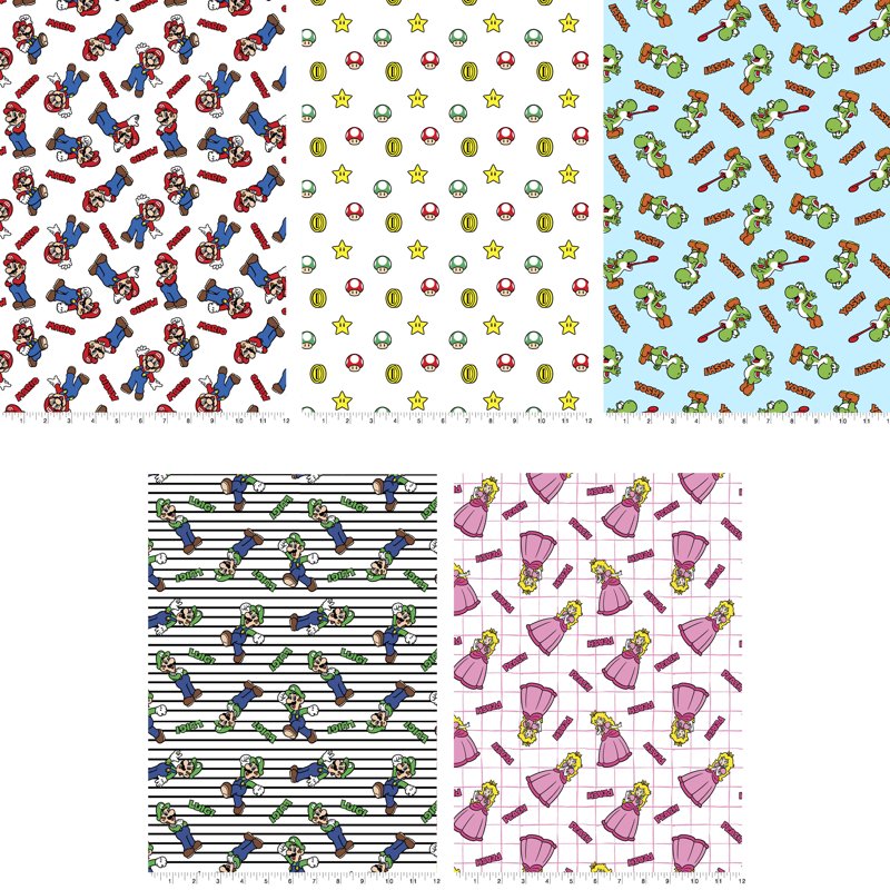 Super Mario Cotton Fat Quarter Bundle - 5 Assorted 21x18 Fabric Pieces for Crafts