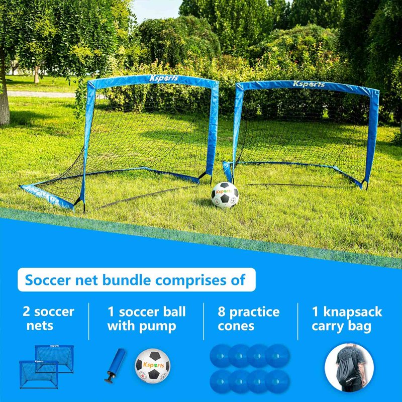 Ksports 4 ft Soccer Goal Bundle - Blue, Includes Nylon-Wound Ball & Pump
