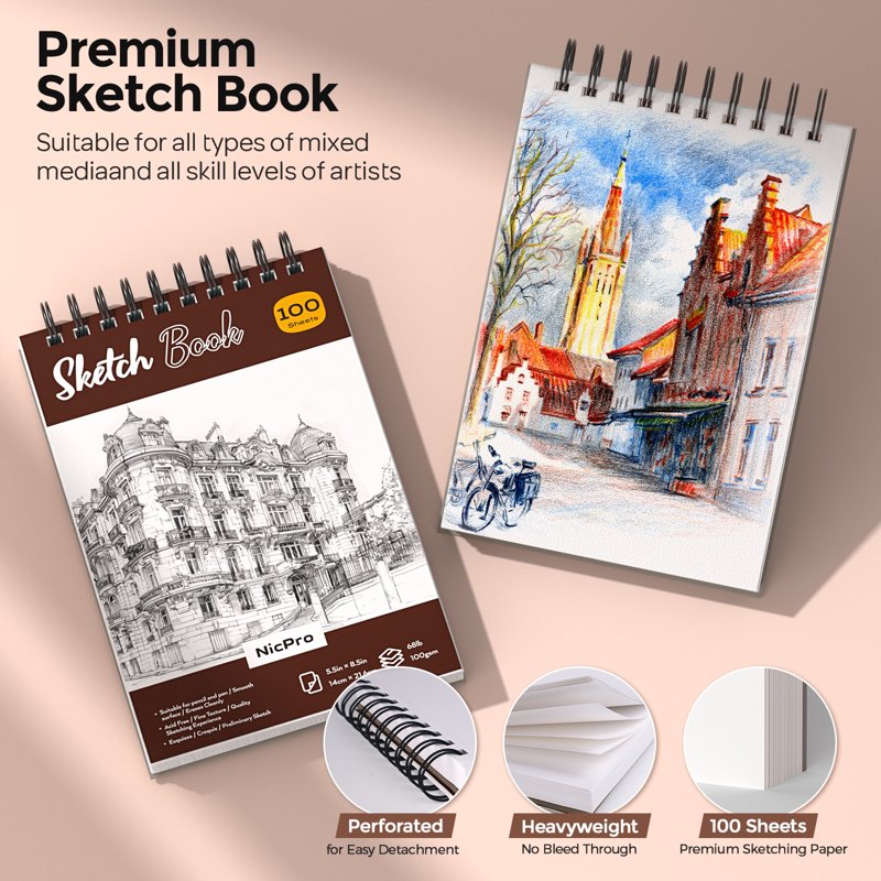 Art Drawing Supplies Kit with Leather Case - Mechanical Pencils, Micron Pens & Sketchbook