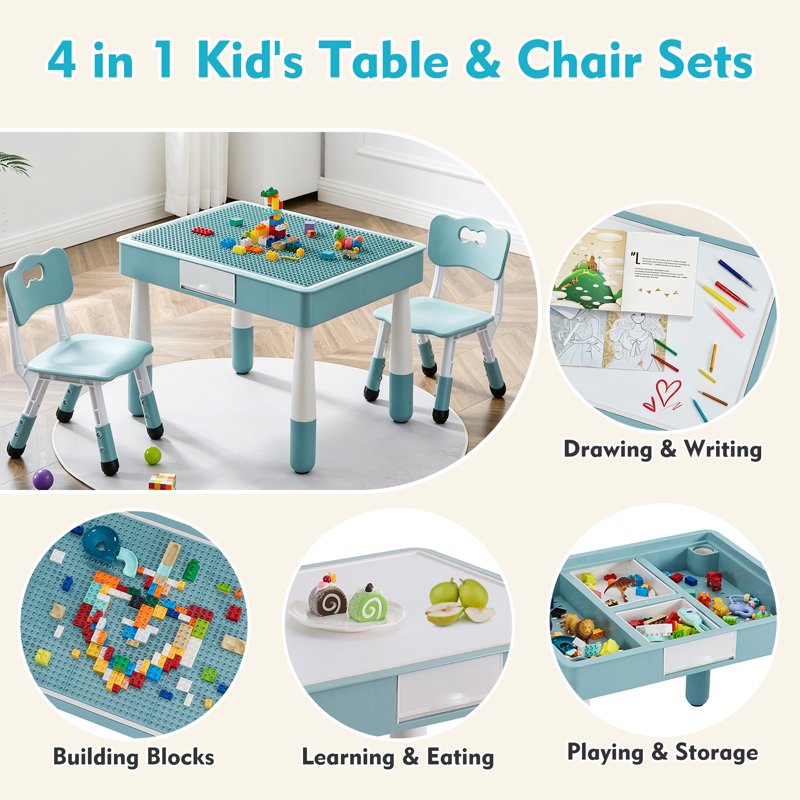 Kids Activity Table and Chair Set with Storage - 4-in-1 Multi-Use Play Desk