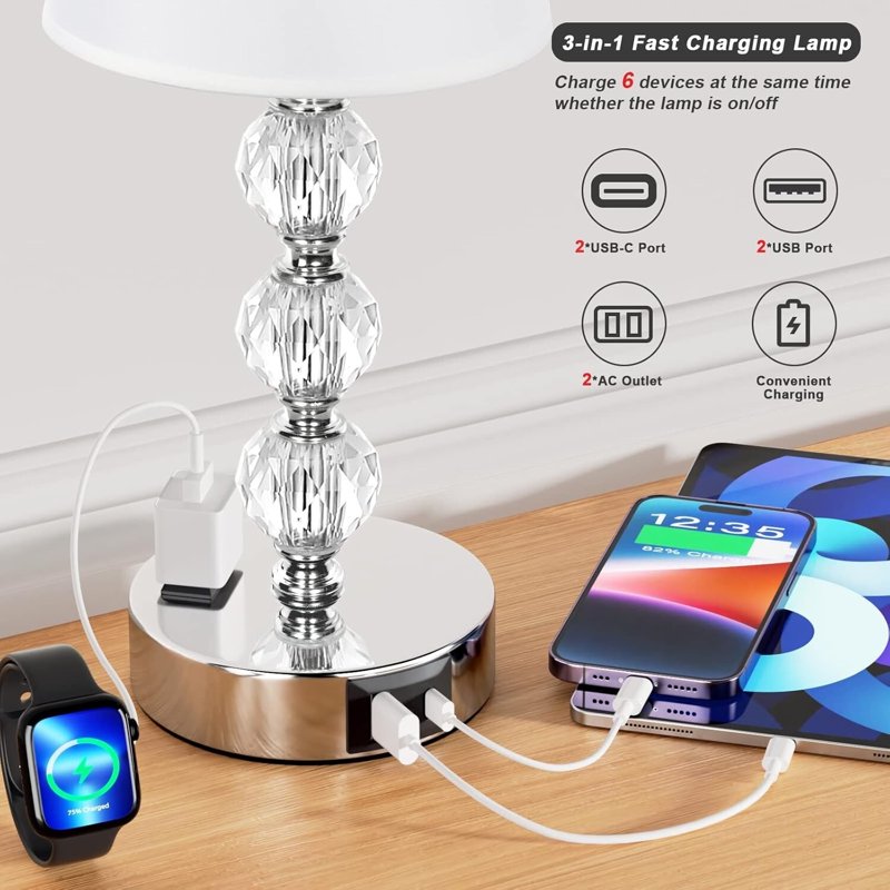 Set of 2 Touch Control Bedside Lamps with USB Charging Ports - Modern Crystal Design