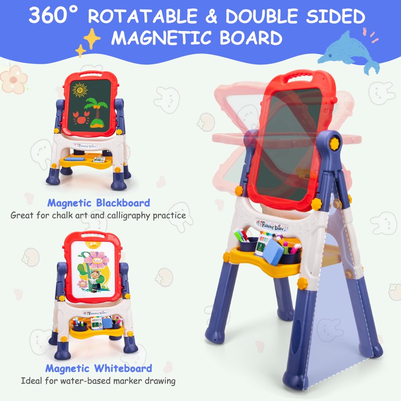 Kids Adjustable Double-Sided Art Easel with Whiteboard & Chalkboard