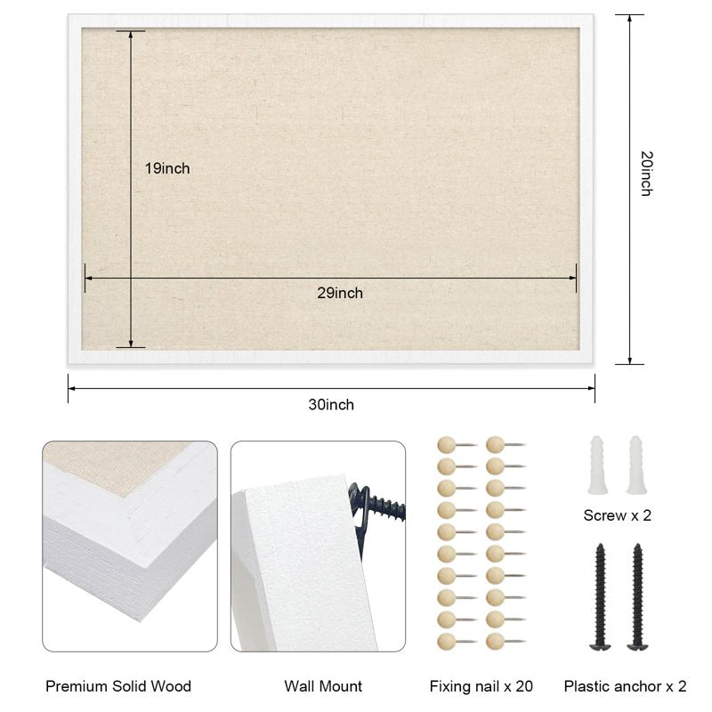 Large Wooden Bulletin Board 30x20 Inch Linen Surface Wall Decor with Pins