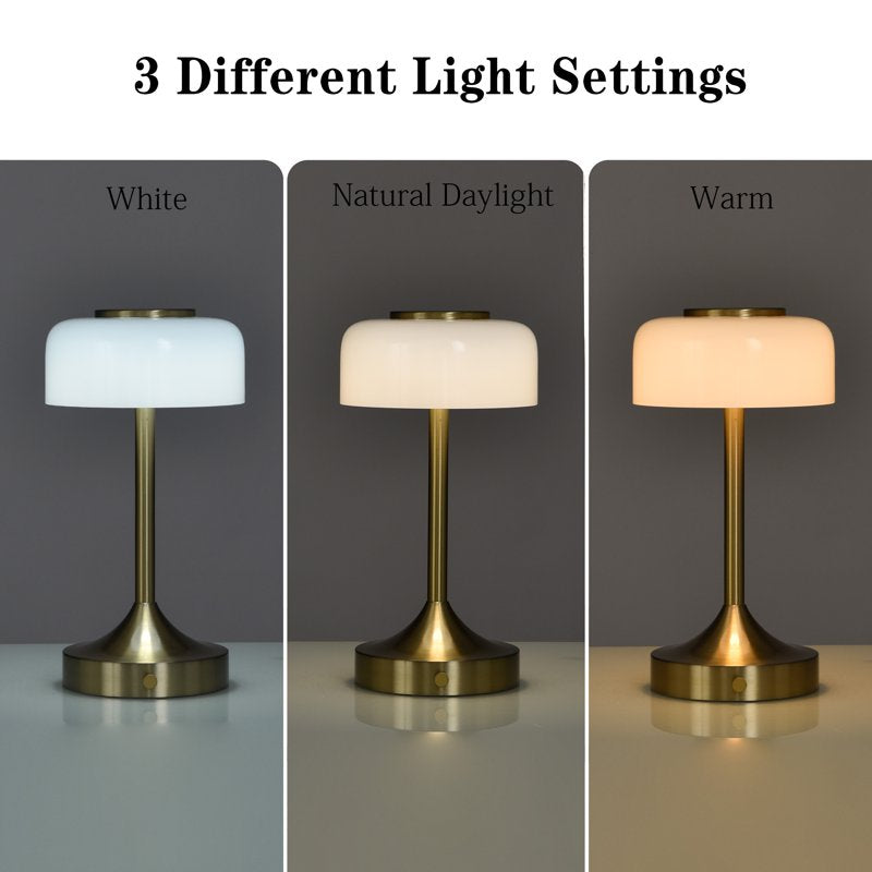 Rechargeable Milk Glass Table Lamp with Touch Controls - Compact Bedside Light