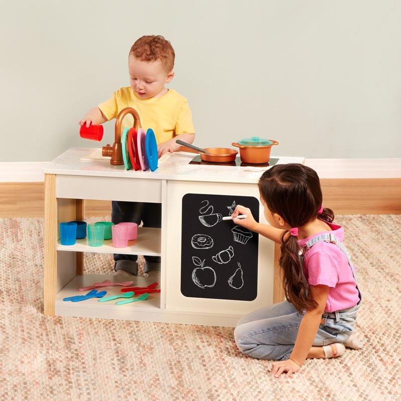 Wooden Kitchen Playset with Chalkboard and Accessories - Toddler Pretend Cooking & Café Set