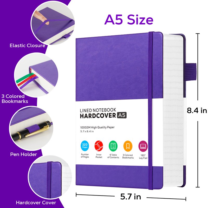 A5 Hardcover College Ruled Notebook - Leather Journal with 320 Pages, No-Bleed 100 GSM Paper, Portable Office & School Supplies
