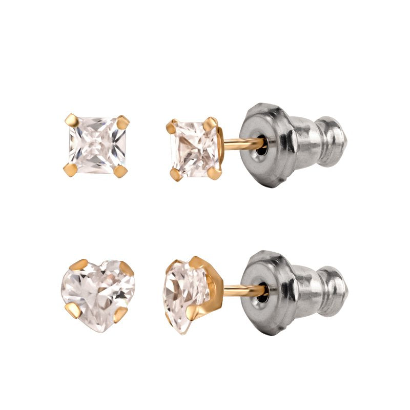 Girls 14K Gold CZ Square & Heart Stud Earring Set - Tween Jewelry Gift