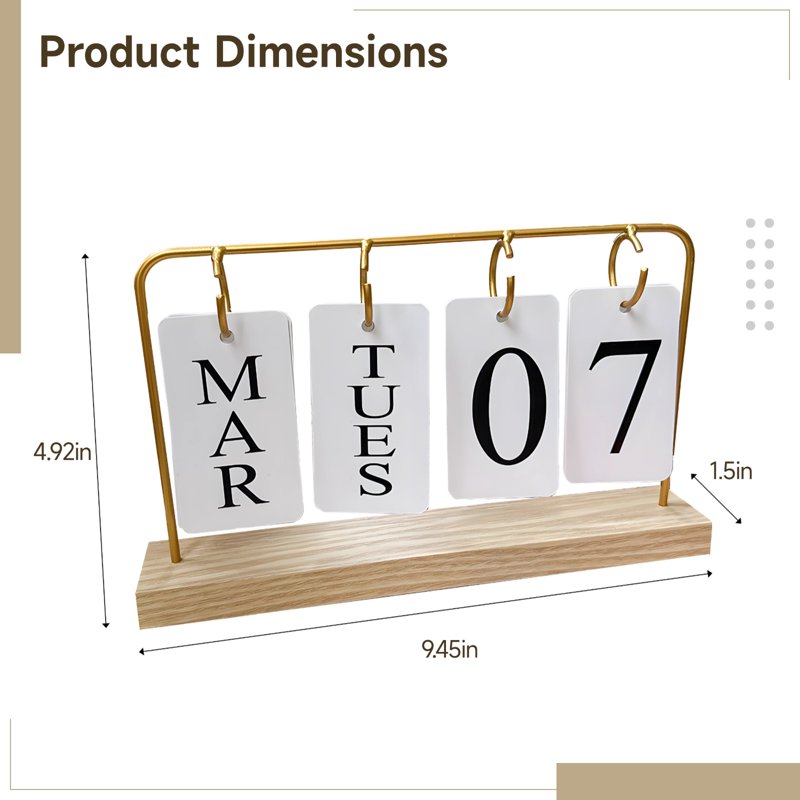 Flip Wooden Perpetual Desk Calendar with Gold Metal Frame - Modern Home Office Decor
