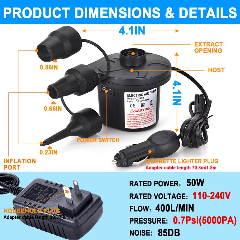 Electric Air Pump for Inflatables - Portable Inflator & Deflator with 3 Nozzles, 110V/12V