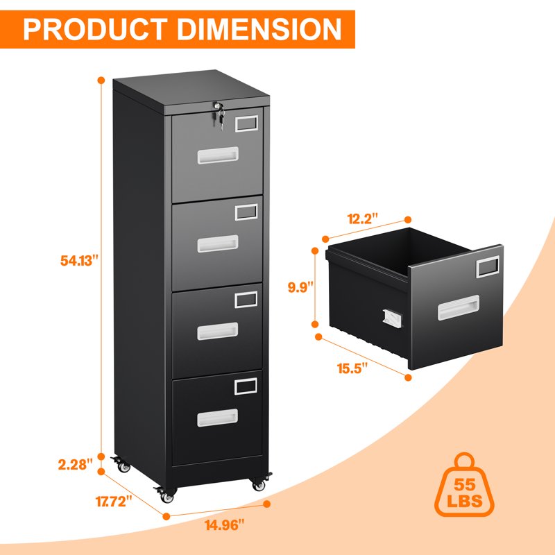 Vertical File Cabinet with 4 Locking Drawers and Wheels - Office & Home Storage Solution