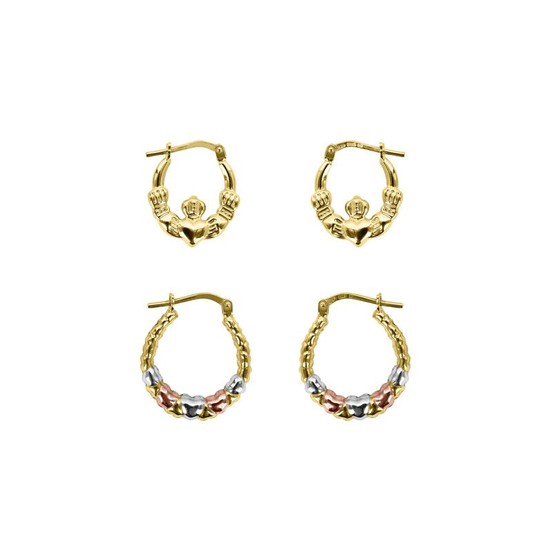 Sterling Silver 14K Gold Plated Claddagh & Heart Hoop Earrings - Hypoallergenic