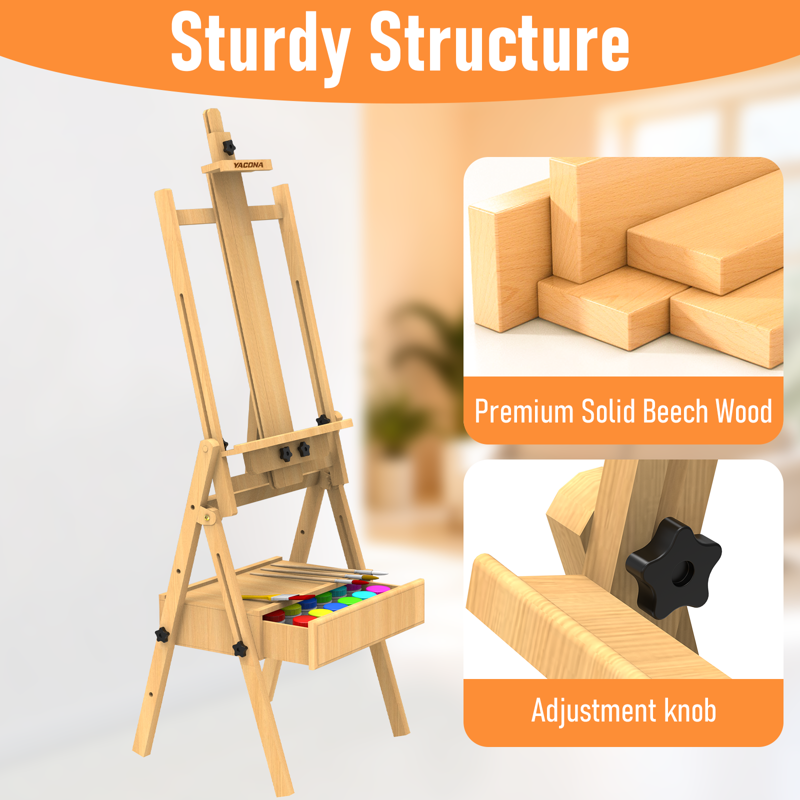Adjustable Beech Wood Art Easel with Drawer for Painting, Holds Up to 48 Inches