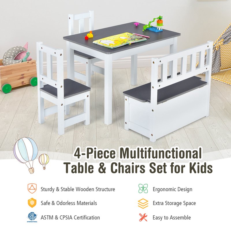 Kids Wooden Activity Table & Chairs Set with Storage Bench - Gray