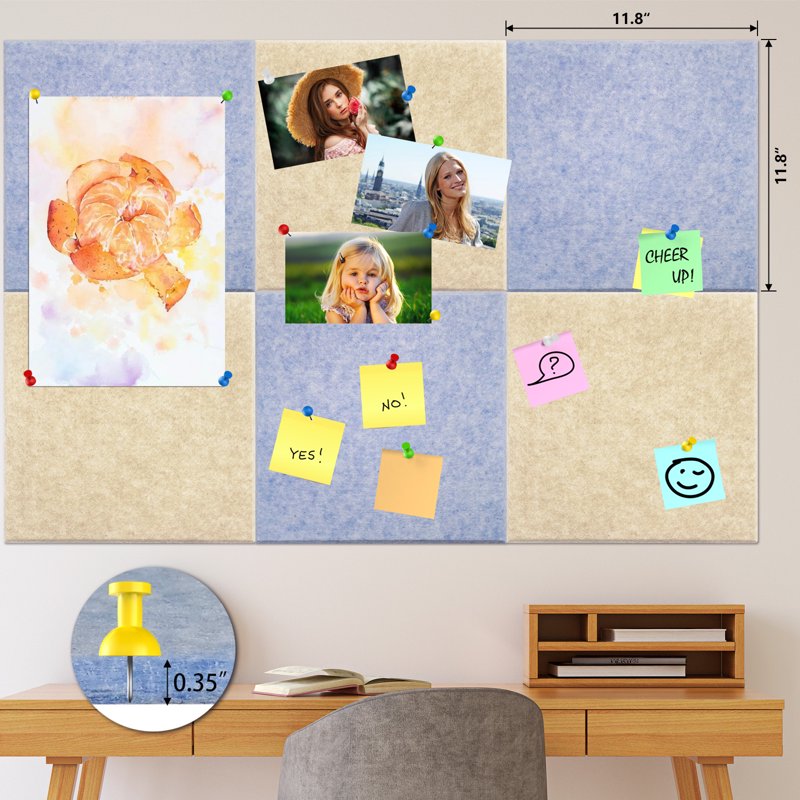 Large Felt Bulletin Board Tiles Set with Push Pins for Office Classroom Kitchen
