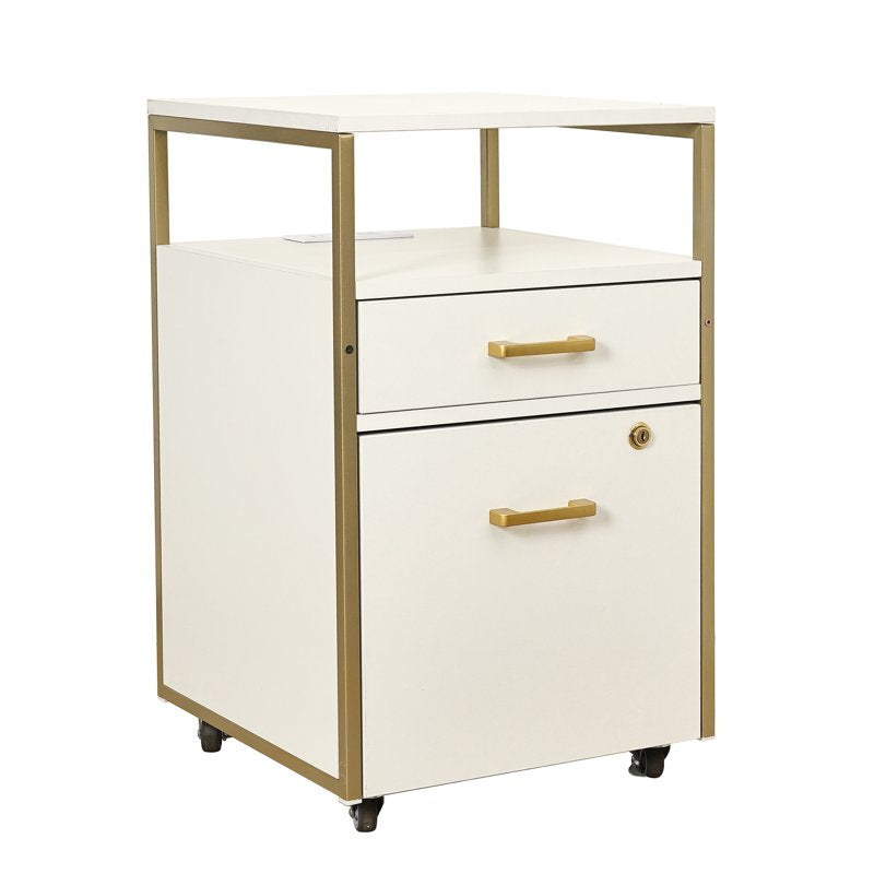 Modern White & Gold Rolling 2-Drawer File Cabinet with Locking Wheels & USB Charging Ports