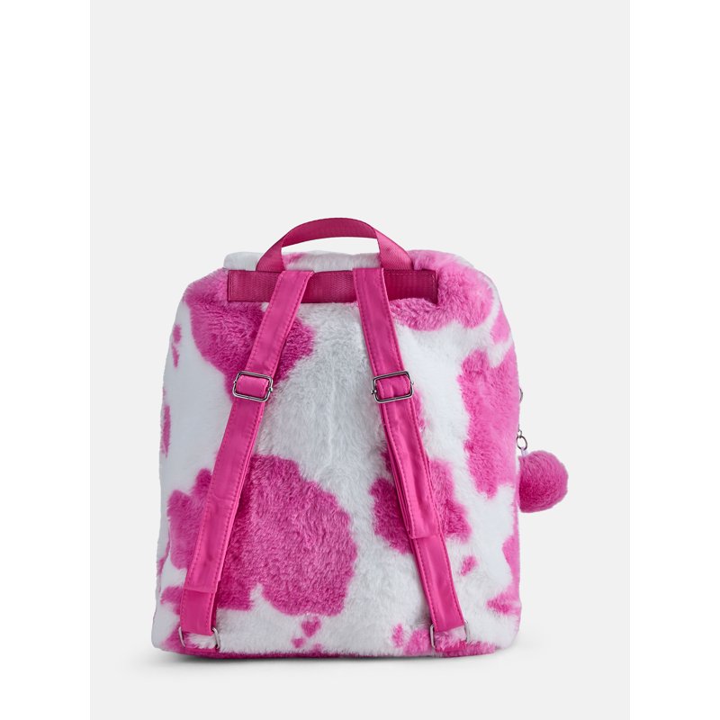 Girls Faux Fur Rucksack Backpack with Cow & Leopard Prints - Pink & Multi Colors