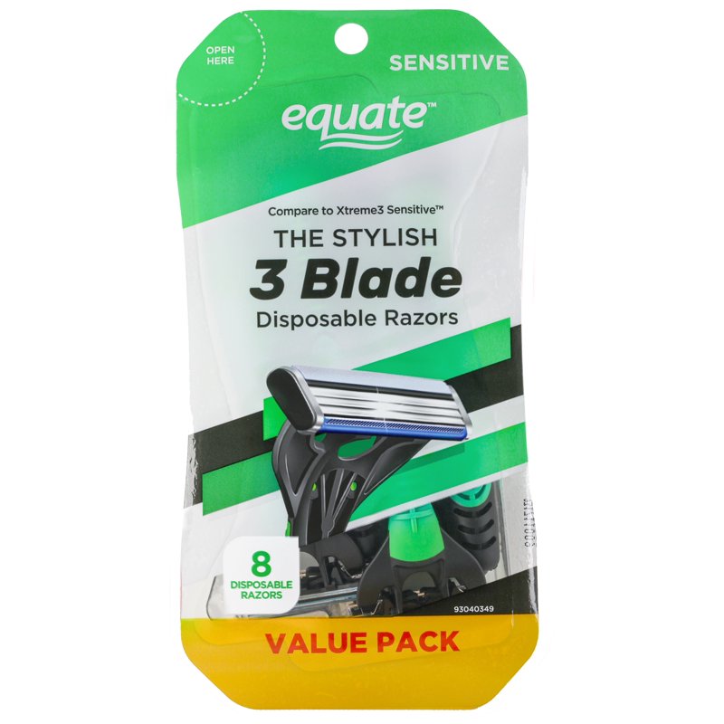 Disposable Razor Set - Men’s 3-Blade Sensitive Shavers, Green & Black, 8 Count