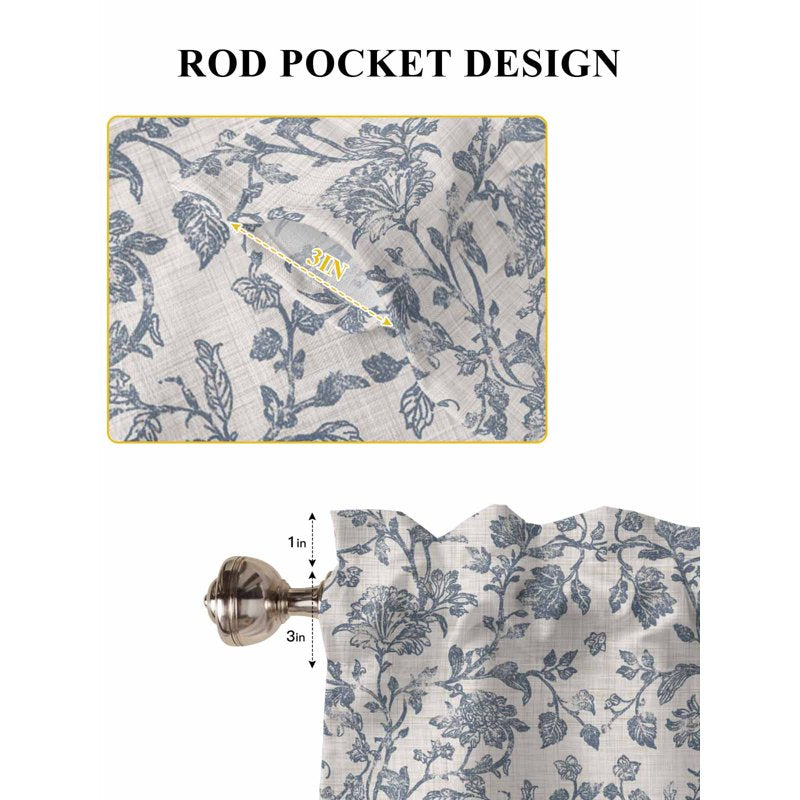 Farmhouse Blue Floral Half Window Curtain Tiers for Kitchen or Bathroom - 24 to 45 Inches Long, 2 Panels