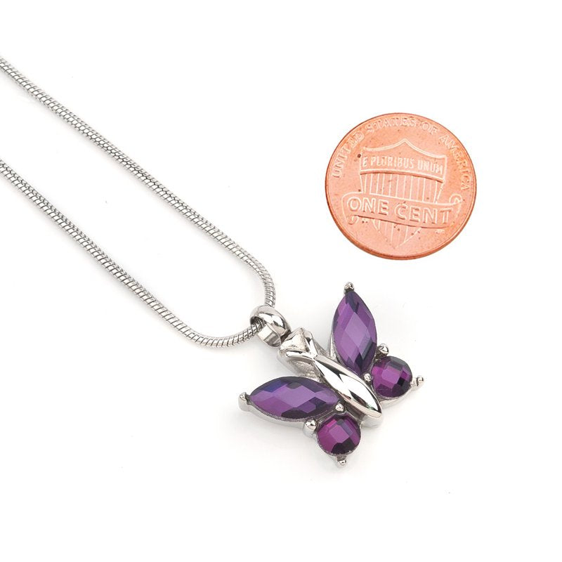 Purple Crystal Butterfly Cremation Necklace Keepsake Jewelry with Gift Box