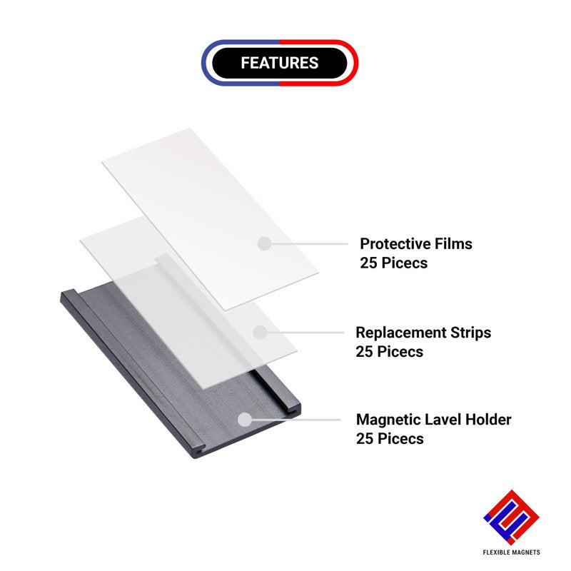 Magnetic Shelf Label Holders with Removable Strips & Protectors - 75 Pieces