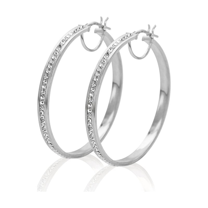 Sterling Silver Hoop Earrings with Crystals - Rhodium Plated Women's Jewelry