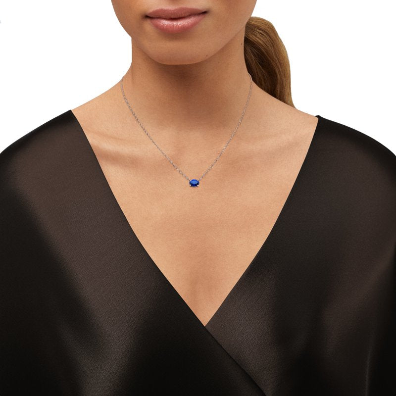 Sterling Silver Oval Created Sapphire Necklace 20-Inch Adjustable Chain