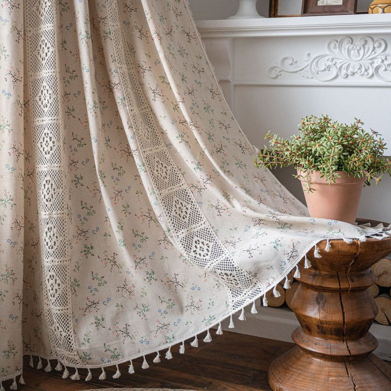 Boho Linen Curtains Set with Embroidery and Tassels - Semi-Transparent Window Drapes