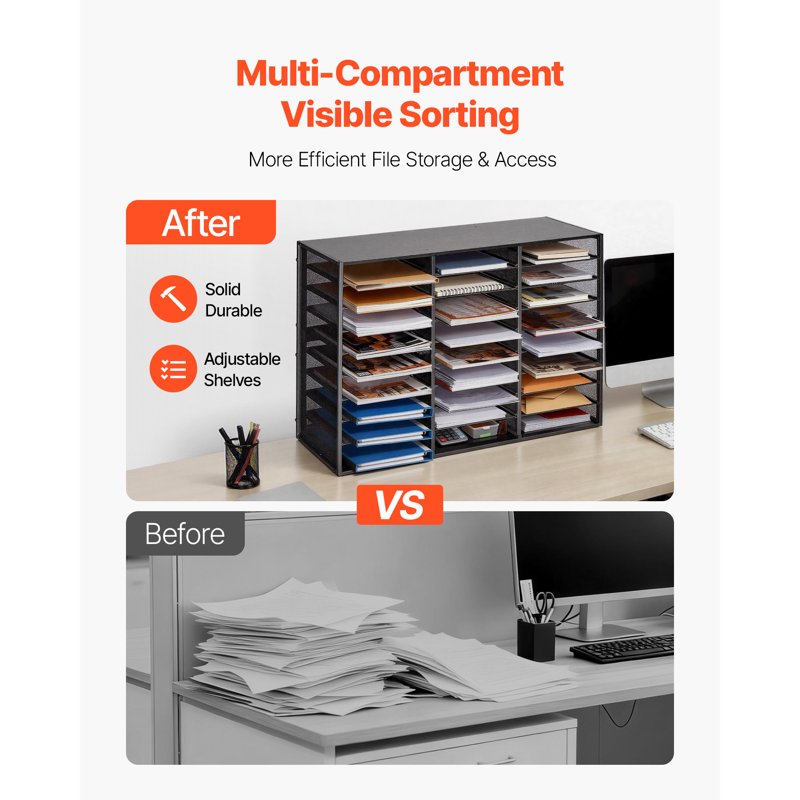 27-Compartment Metal Literature Organizer with Removable Wire Mesh and Wooden Top for Office and Home