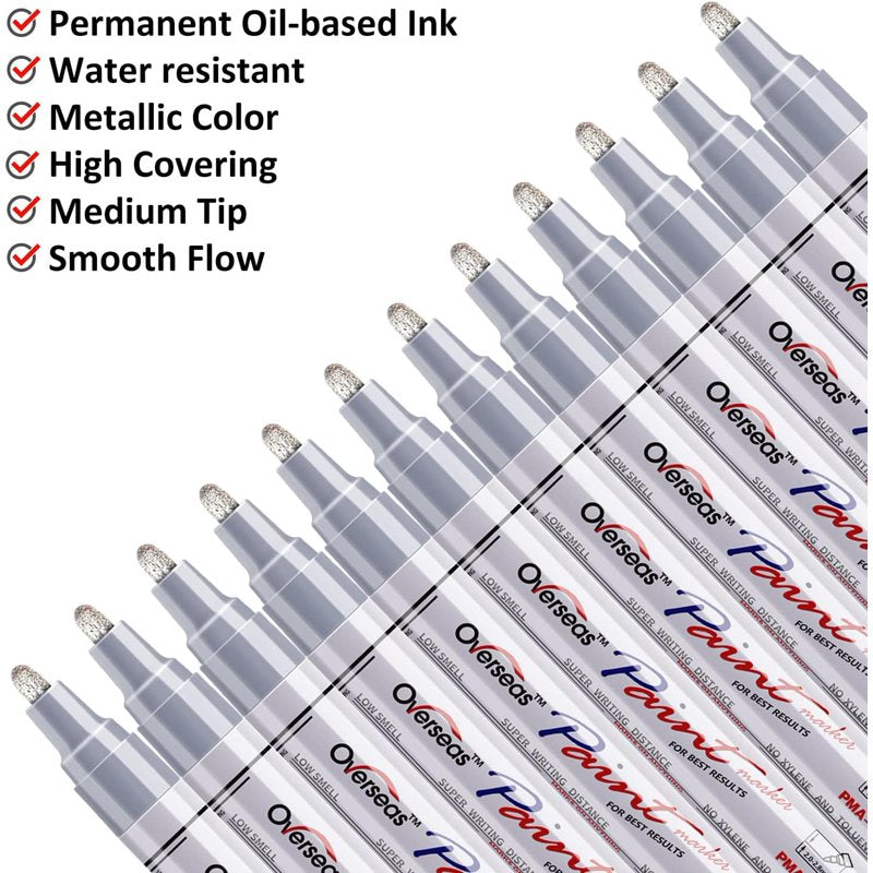 Silver Permanent Paint Markers Set - Waterproof Oil-Based, Quick-Dry, Multi-Surface Use - 12 Pack
