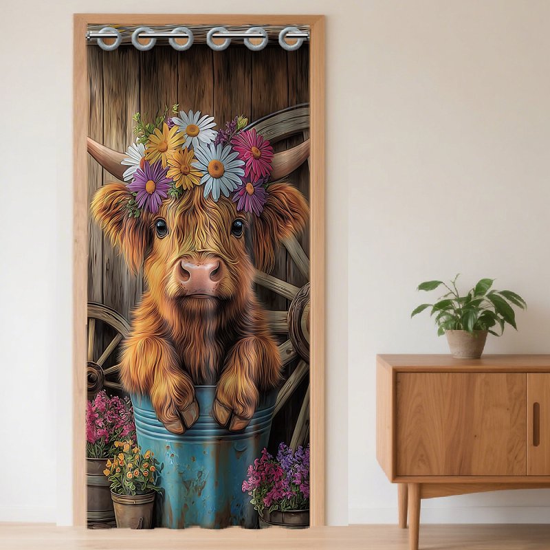 Highland Cattle Door Curtain - Room Divider with Flowers, 78x39 Inch