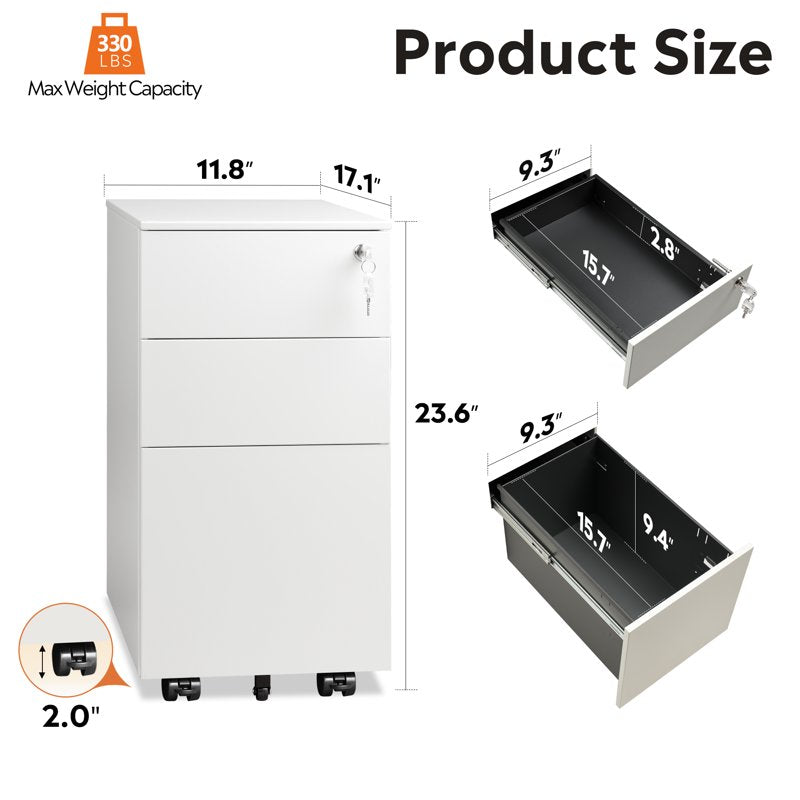 Metal 3 Drawer File Cabinet with Lock, Under Desk Office Storage, White