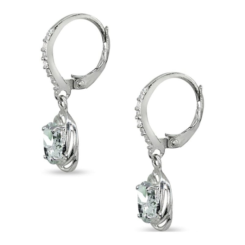 Sterling Silver Dangle Earrings with Light Aquamarine & CZ Oval Love Knot Jewelry