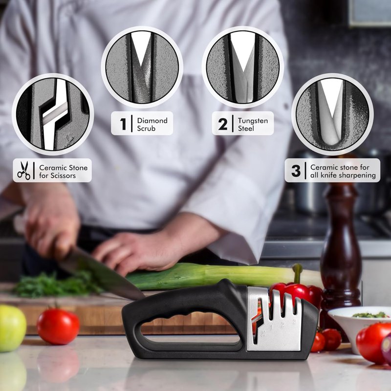 4-in-1 Knife Sharpener – 3-Stage Manual Sharpener with Ceramic Stone, Tungsten Carbide & Diamond Rods