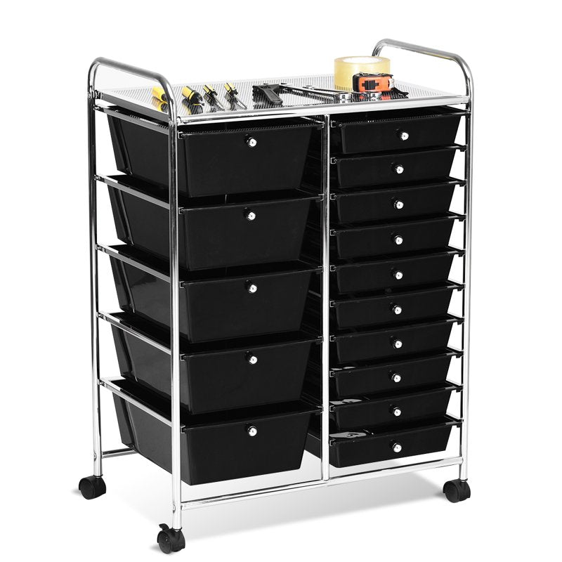 15-Drawer Rolling Cart with Wheels, Mobile Storage Organizer, Black