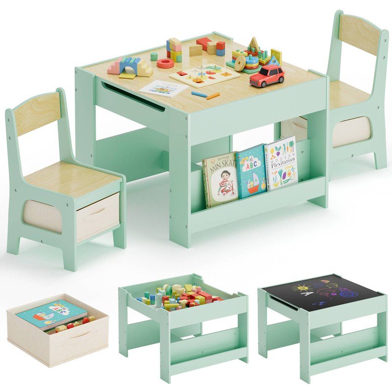 Kids Activity Table and Chair Set - Reversible Blackboard with Storage - Toddler Play Desk