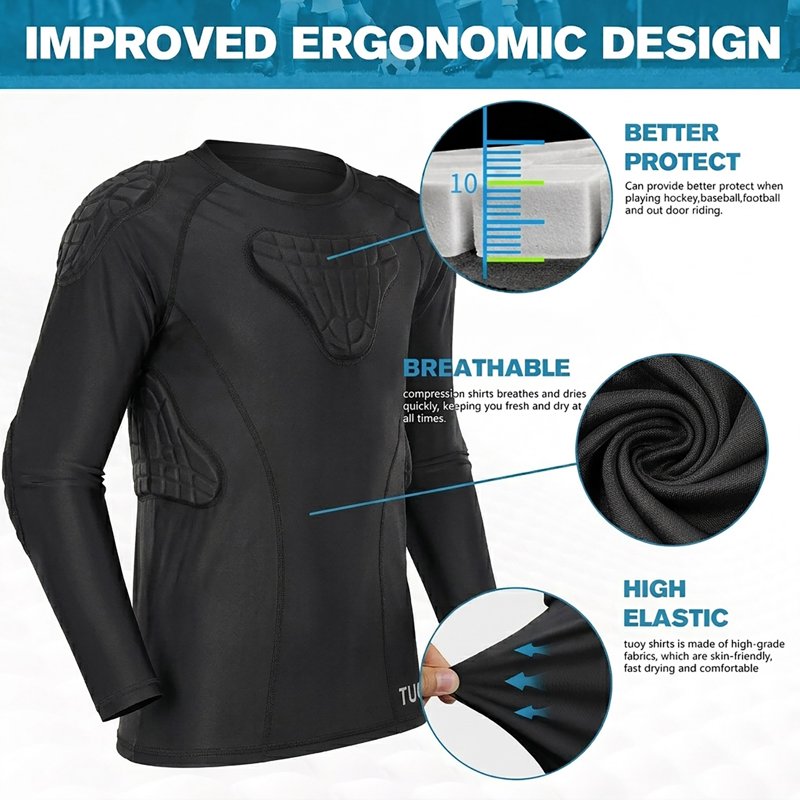 Kids Youth Padded Compression Shirt - Impact-Absorbing Long Sleeve Protective Top