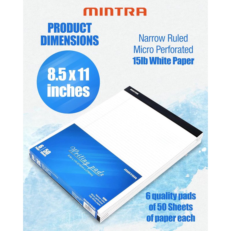 Narrow Ruled Standard Writing Pads - 8.5 x 11 Inches, White, 50 Sheets, 6 Pack