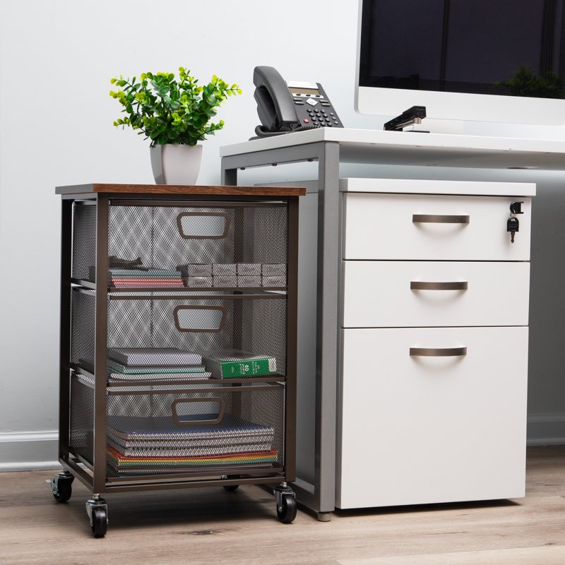 3-Drawer Metal Rolling Storage Cart with Wood Top - Office Organizer, Mobile Cabinet